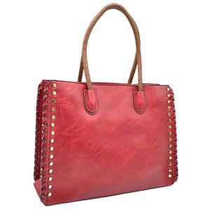 Red Studded Faux Leather Whipstitch Shoulder Bag Tote Bag, is crafted from high-quality faux leather, featuring a stylish whipstitch trim and studded accents. Its adjustable strap makes it perfect for everyday use, this spacious handbag features a roomy interior to hold all your essentials. This bag is sure to turn heads.