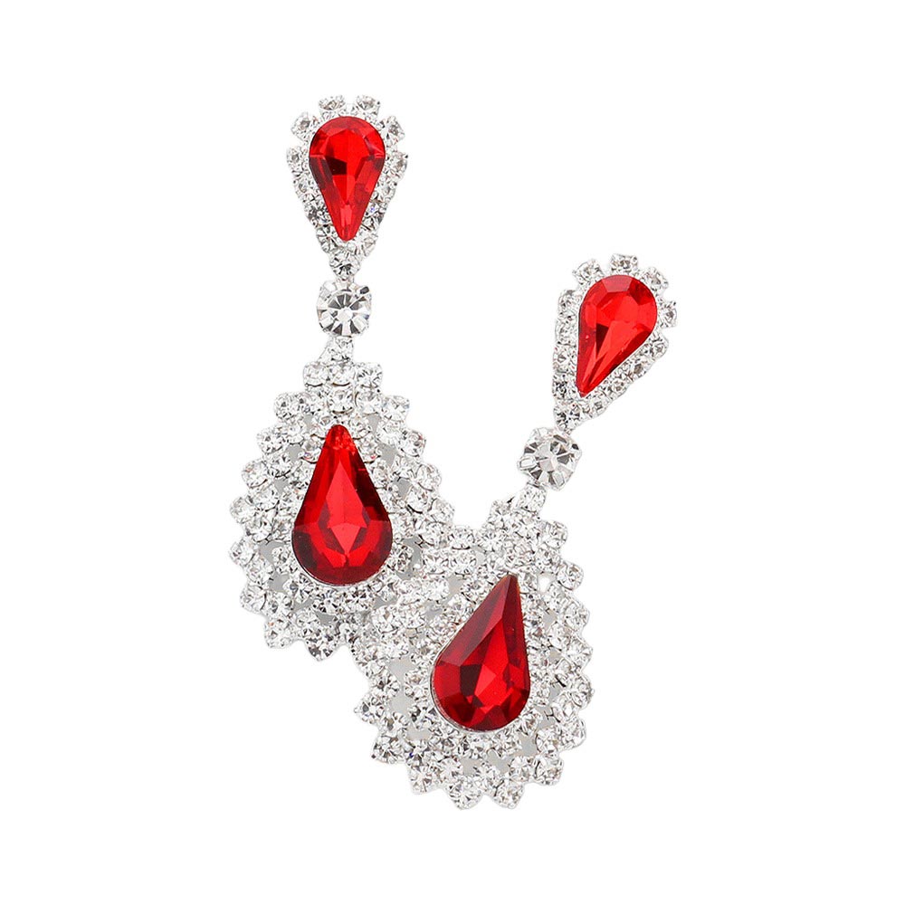 Red Teardrop Stone Dangle Evening Earrings, Make an elegant statement with these stunning pieces. Crafted with an intricate pattern, these earrings feature a teardrop-shaped stone in the center, suspended from a narrow hoop and finished with dangle details. Perfect for special occasions or making timeless gifts!