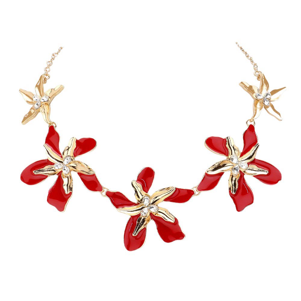 Red Teardrop Stone Pointed Enamel Flower Link Necklace is a stunning addition to any jewelry collection. Expertly crafted, this elegant teardrop design and bold enamel flowers create a sophisticated statement piece. Made with high-quality materials, this necklace is both durable and beautiful. Perfect for any occasion.