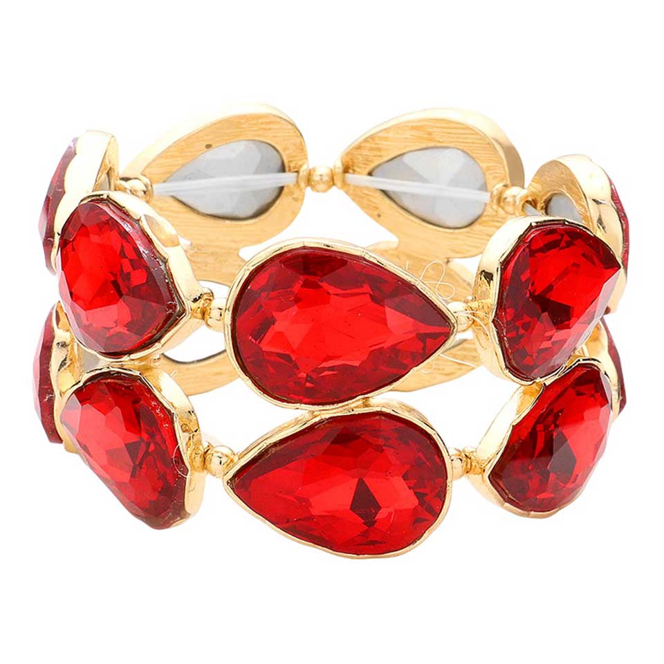 Red Teardrop Stone Stretch Evening Bracelet, Look elegant for your evening events in this. Crafted with a stunning teardrop stone and flexible, stretchable cord, this bracelet is sure to make a statement. Its delicate design and convenience make it the ideal accent piece for both casual and formal events.