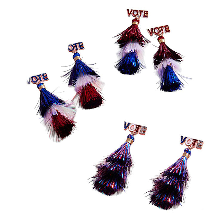 Red-VOTE Pointed American USA Colored Tassel Dangle Earrings, This feature has a unique pointed design and vibrant colored tassels to add a touch of fun to any outfit. Made for the confident and patriotic, these earrings are the perfect accessory to showcase your love for country.