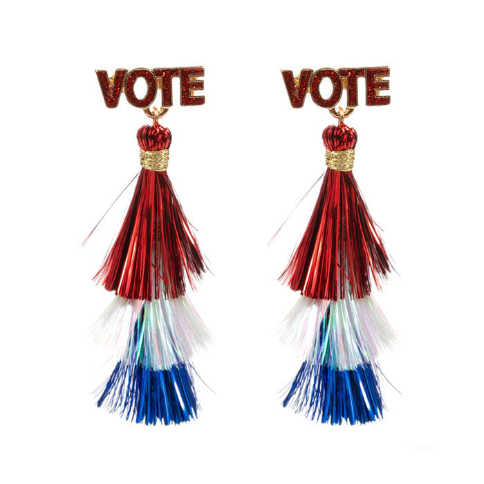 Red-VOTE Pointed American USA Colored Tassel Dangle Earrings, This feature has a unique pointed design and vibrant colored tassels to add a touch of fun to any outfit. Made for the confident and patriotic, these earrings are the perfect accessory to showcase your love for country.