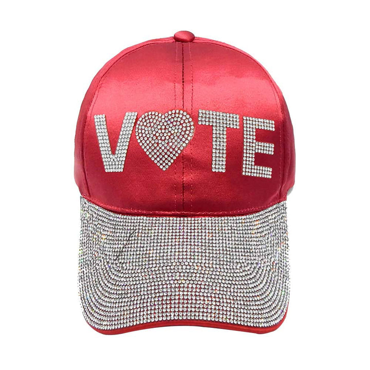 Red Vote Message Rhinestone Embellished Baseball Cap, the perfect accessory for showing your support for the upcoming election. The cap features a bold "Vote" message, making it clear where your allegiances lie. The rhinestones add a touch of glamour, while the adjustable strap ensures a comfortable fit.