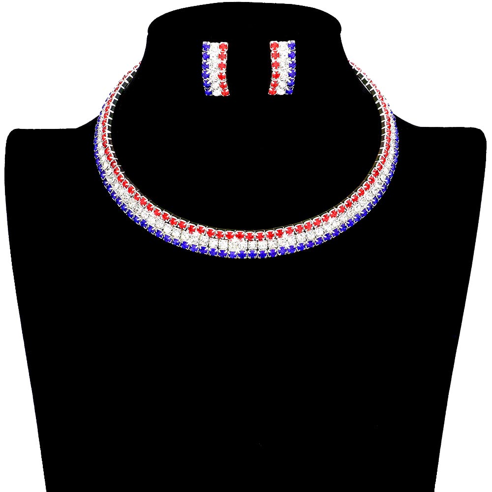 Red White Blue American USA Rhinestone Choker Necklace, enhance your attire with this vibrant artisanal necklace to show off your fun trendsetting style. Show your love for your country with this sweet necklace. Great for Election Day, National Holidays, Memorial Day, etc. This is a perfect gift for any national holiday and occasion.
