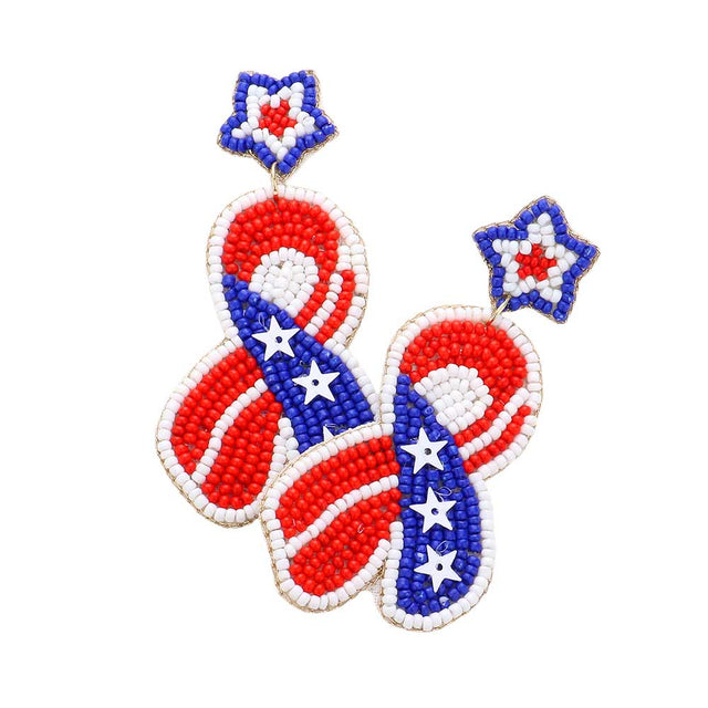Red White Blue Felt Back USA Flag Seed Beaded Star Pink Ribbon Earrings, enhance your attire with these vibrant artisanal earrings to show off your fun trendsetting style. Show your love for your country with these sweet American USA flag seed beaded earrings.