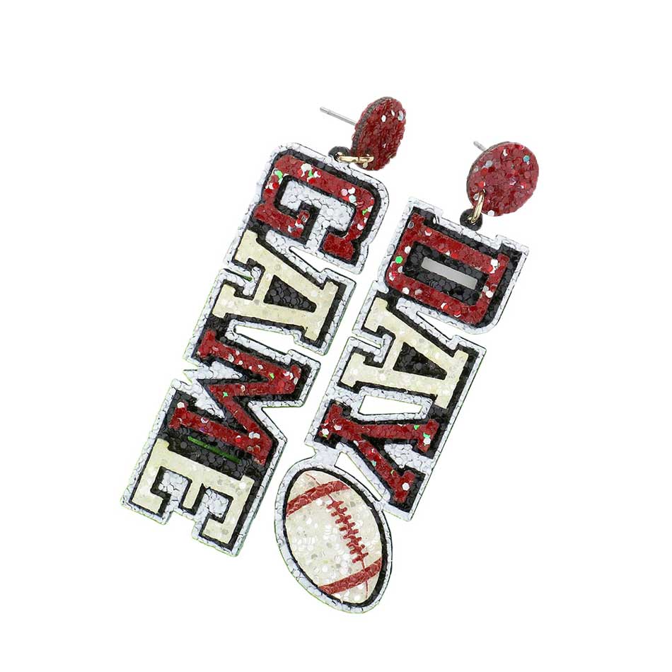 Red White Game Day Message Football Bling Dangle Earrings, feature a sparkling crystal football and message charms with a metallic finish. Show your team spirit with these whimsical earrings. The perfect accessory for the biggest game days and the perfect gift for sports lovers. 