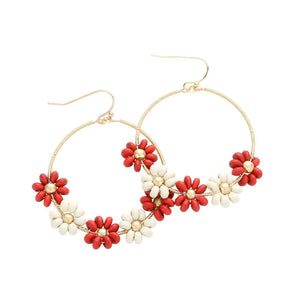 Red Wood Beaded Flower Accented Open Metal Dangle Earrings, these eye-catching earrings feature wood beads and a stylish metal design. These simple yet beautiful wood-beaded earrings are perfect for any outfit. These open metal dangle earrings can be given as a sweet gift to your family & friends on Valentine's Day.