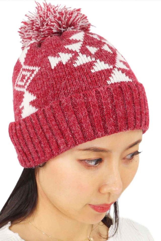 Red The Aztec Pattern Knit Beanie with Pompom showcases a bold, eye-catching design that adds a stylish edge to your cold-weather look. Made from soft, comfortable knit fabric with a playful pompom detail, it provides warmth and a snug fit for everyday winter wear.