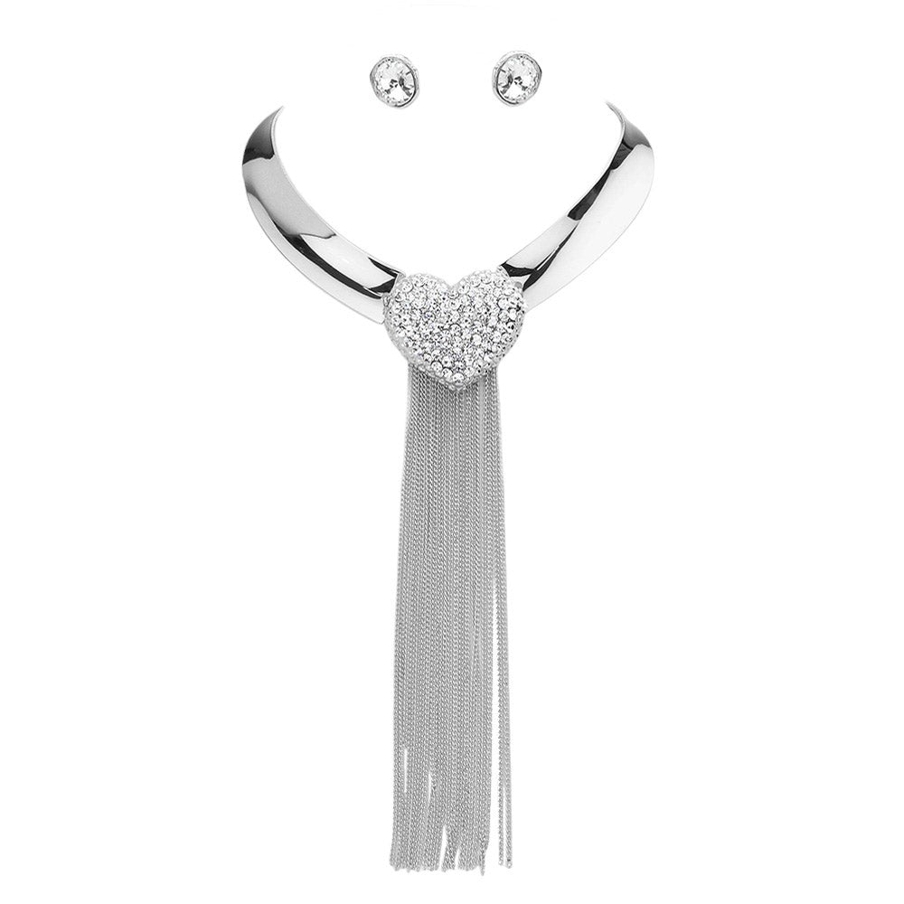 Rhodium Rhinestone Embellished Heart Long Dropped Metal Chain Tassel Jewelry Set, is perfect for adding a touch of glamour to your special occasion look. This sparkling rhinestone set will instantly give any outfit an eye-catching edge. The metal chain tassels provide an elegant look. Perfect gift choice on any special day!