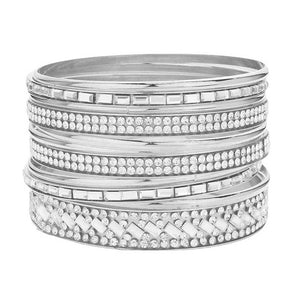 Rhodium 11PCS Rhinestone Rectangular Stone Metal Bangle Bracelets, Enhance your accessory game with our bracelets! These dazzling bangles add a touch of elegance and sparkle to any outfit. Perfect for special occasions or everyday wear, these bracelets are a must-have for any fashion-forward individual. Elevate your style.