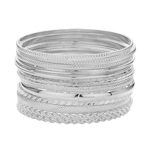 Rhodium 15PCS Layered Multi Metal Bangle Bracelets, Get ready to layer up with these 15 playful and unique Multi Metal Bangle Bracelets! The perfect addition to any outfit, these bracelets will add a touch of quirkiness and fun to your look. Mix and match to create a statement or wear individually for a simple stylish touch.