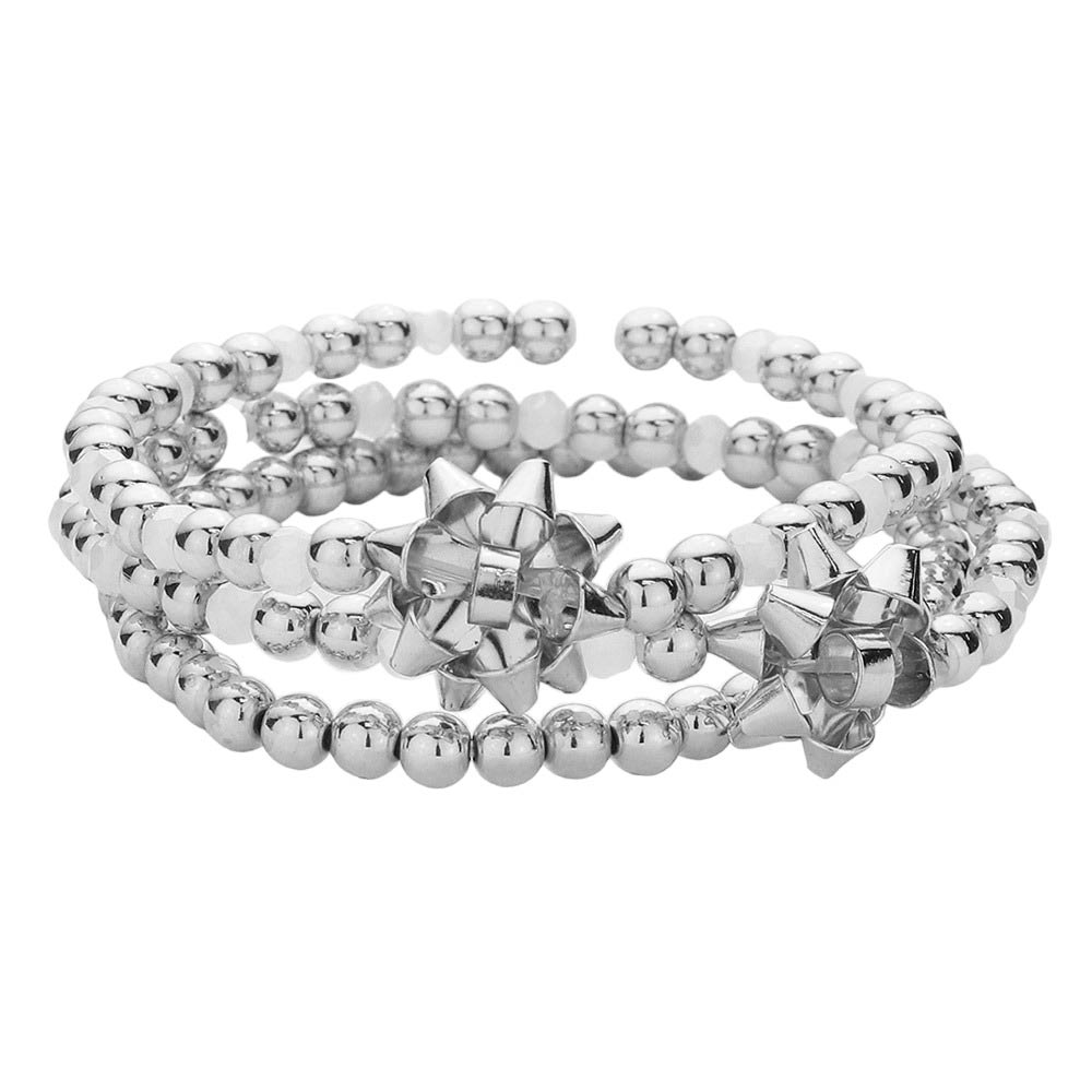 Rhodium 3PCS Christmas Bow Accented Metal Ball Stretch Bracelet, set is the perfect gift for this holiday season. Each one is crafted with a unique bow design and metal ball accents for a fashionable, eye-catching look. Show your love to your favorite people by giving this Bracelet as a Christmas gift!