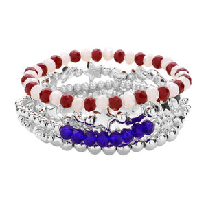 Rhodium Multi 5PCS Metal Ball American USA Flag Beaded Stretch Bracelets, Add a patriotic touch to your outfit with these exotic bracelets. These stylish bracelets feature an eye-catching American flag design and are made with durable metal and stretchy beads for a comfortable fit. Show off your American pride with these Bracelets.