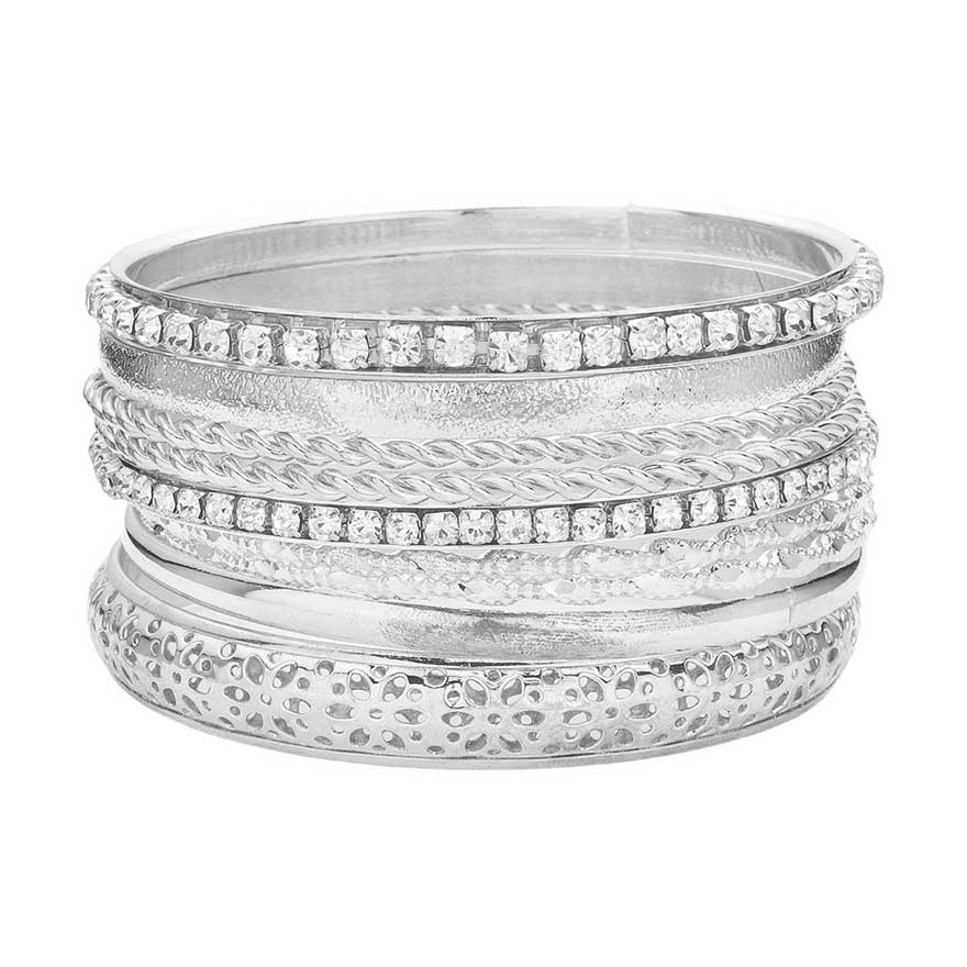 Rhodium 9PCS Mixed Rhinestone Metal Bangle Bracelets, Add some sparkle and shine to your wrist with these bracelets! These bangles feature a mix of colorful rhinestones and sleek metal for a unique and eye-catching look. Perfect for dressing up any outfit with a touch of glamour. Bring on the bling!