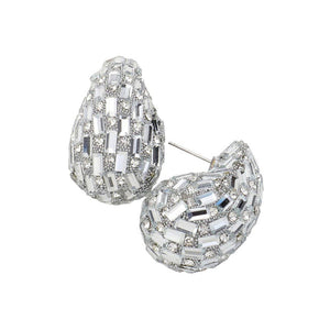 Rhodium Baguette Stone Embellished Teardrop Earrings, Made of high-quality materials, these earrings add a touch of elegance to any outfit. Featuring a unique teardrop design and sparkling baguette stones, these earrings are perfect for any occasion. With their timeless style and durable construction, they are a must-have.
