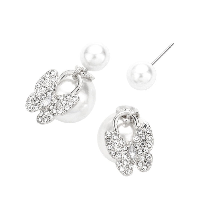 Rhodium Butterfly Pointed Double Sided Pearl Peekaboo Earrings, are sure to add a beautiful touch to your look! Featuring a double-sided pearl design, these earrings will complete any look! Crafted with quality materials, these earrings will stay looking perfect for a long time which makes them an ideal gift for close persons.