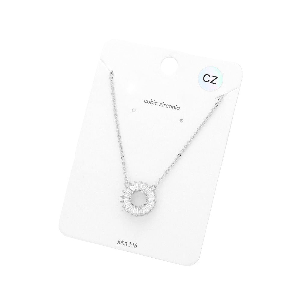 Rhodium CZ Embellished Open Circle Pendant Necklace, this stunning CZ Embellished Open Circle Pendant Necklace offers a modern take on classic jewelry. The beautifully crafted design adds a gorgeous glow to any outfit. Perfect Birthday Gift, Anniversary Gift, Mother's Day Gift, and loved ones.
