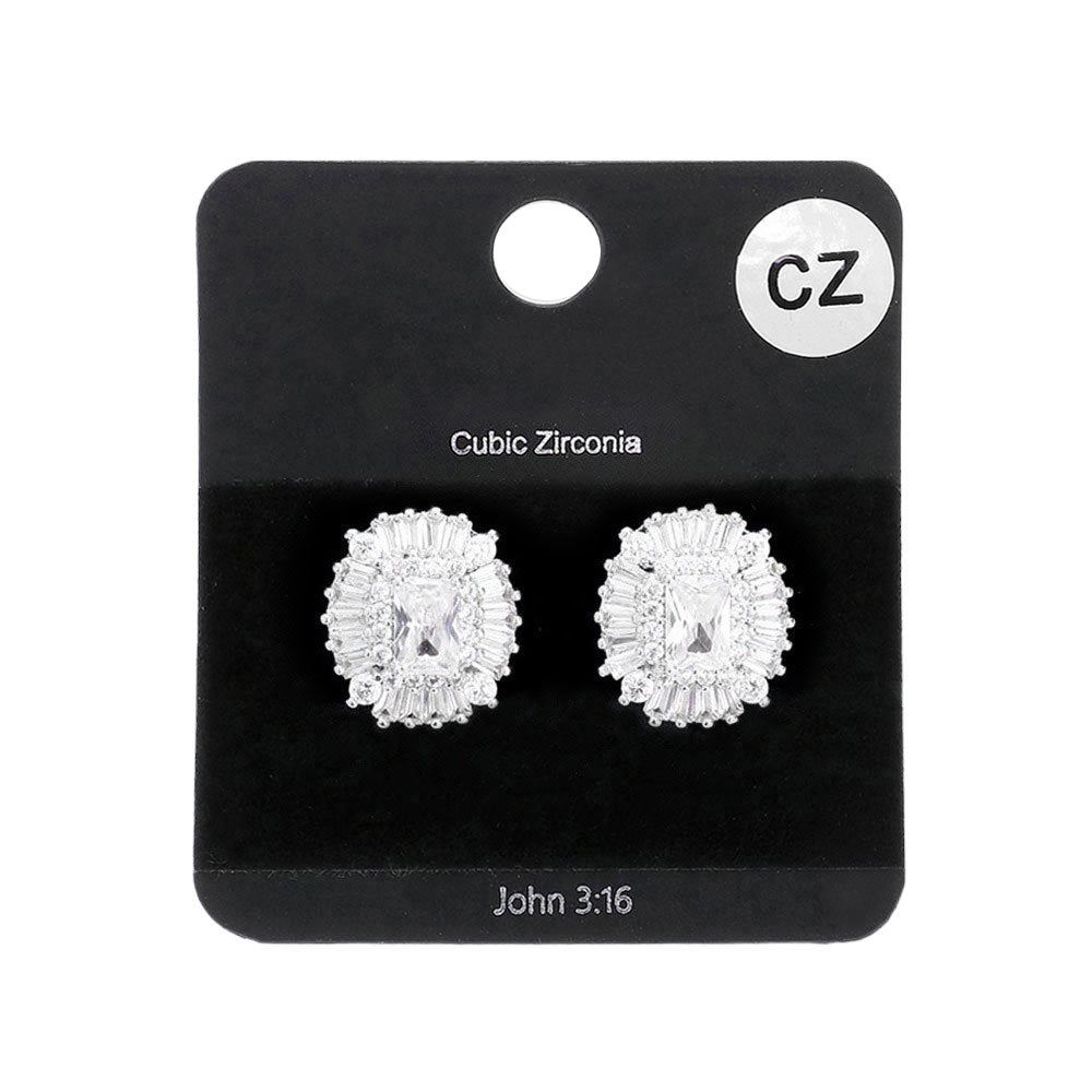 Rhodium CZ Emerald Cut Stone Centered Evening Stud Earrings, are sure to make a statement. Crafted to perfection, these earrings feature a beautiful emerald-cut stone center that is sure to sparkle and shine. The timeless design adds sophistication to any special look, making it a special gift for any special day.