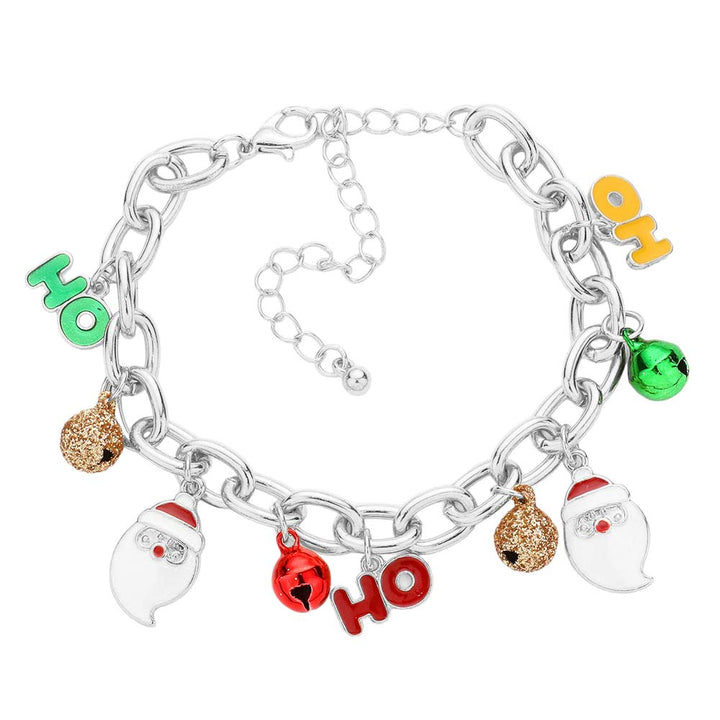 Rhodium Christmas Santa Claus HOHOHO Charm Bracelet, enhance your attire with these beautiful bracelets to show off your fun trendsetting style at Christmas. This bracelet will garner compliments all day long at the Christmas Day function. Perfect gift accessory for especially Christmas to your friends, family, and love.