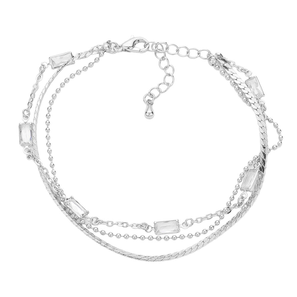 Rhodium Clear Baguette Stone Cluster Station Metal Chain Layered Bracelet, This bracelet features a stunning design of clear baguette stones and metal chain cluster stations, creating a sophisticated yet stylish look. The perfect addition to any outfit, this bracelet exudes elegance and charm. Elevate your accessory game.