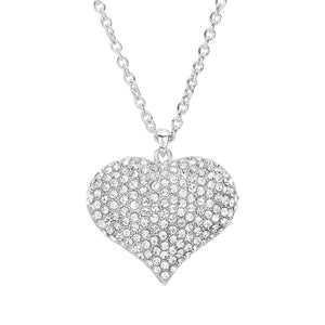 Rhodium Crystal pave heart pendant long necklace, This elegant long necklace features a stunning crystal pave heart pendant, adding a touch of sparkle to any outfit. The delicate design and high-quality materials make it a versatile and timeless piece that can be worn for any occasion. Elevate your style with this.