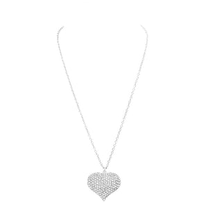 Rhodium Crystal pave heart pendant long necklace, This elegant long necklace features a stunning crystal pave heart pendant, adding a touch of sparkle to any outfit. The delicate design and high-quality materials make it a versatile and timeless piece that can be worn for any occasion. Elevate your style with this.
