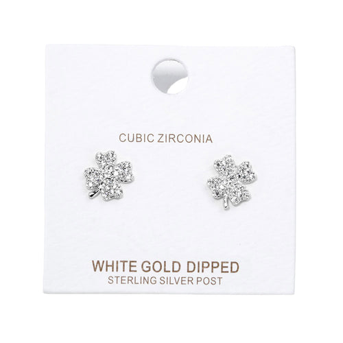 Cubic Zirconia Clover Stud Earrings - Rhodium