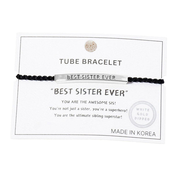 Rhodium-Gold- Dipped BEST SISTER Message Bar Pointed Rope Adjustable Cinch Pull Tie Bracelet is a thoughtful and stylish gift for your beloved sister. The adjustable cinch pull tie design ensures a perfect fit, while the dipped bar showcases the loving message. A perfect blend of fashion and sentimentality. 