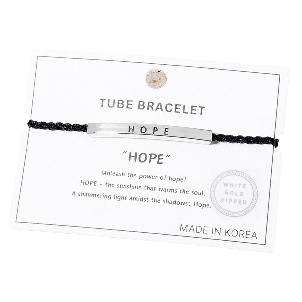 Rhodium-Gold-Dipped HOPE Message Bar Pointed Rope Adjustable Cinch Pull Tie Bracelet features a white gold-dipped HOPE message bar & a pointed rope design that can be easily adjustable with a cinch pull tie.Perfect for adding a touch of elegance to any outfit, while also providing a subtle reminder of hope and positivity