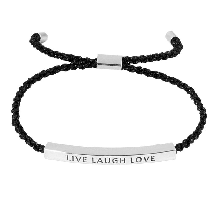 Rhodium-Gold-Dipped LIVE LAUGH LOVE Message Bar Pointed Rope Adjustable Cinch Pull Tie Bracelet, adjustable design allows for a perfect fit while the message of positivity adds a touch of motivation to any outfit. Made from quality materials, this bracelet is a stylish reminder to live, laugh, and love.