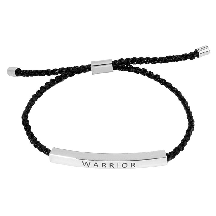 Rhodium-Gold-Dipped WARRIOR Message Bar Pointed Rope Adjustable Cinch Pull Tie Bracelet, Featuring an adjustable cinch pull tie, it provides both style and functionality. With a dipped WARRIOR message bar and pointed rope design, this bracelet is the perfect accessory for any occasion.