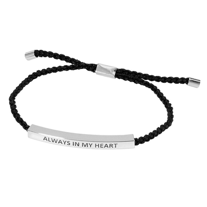 Rhodium-Gold-Dipped ALWYAS IN MY HEART Message Bar Pointed Rope Adjustable Cinch Pull Tie Bracelet is expertly crafted with a pointed design and adjustable rope for comfort and durability. With its meaningful message, this bracelet serves as a reminder of your unwavering persistence and dedication.