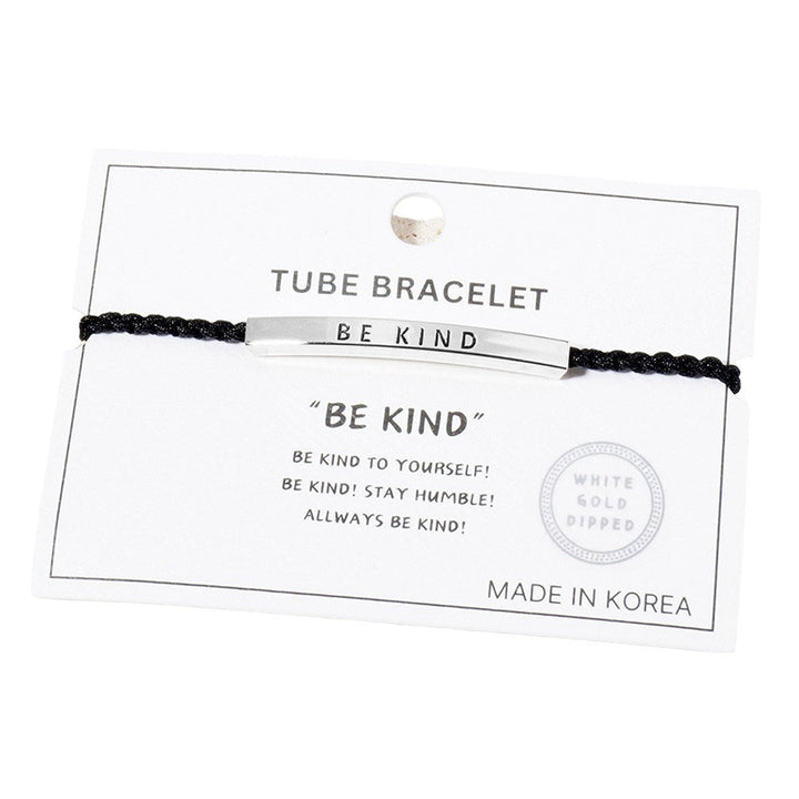 Rhodium-Gold-Dipped BE KIND Message Bar Pointed Rope Adjustable Cinch Pull Tie Bracelet is a stylish and meaningful accessory. The dipped message bar serves as a reminder to always spread kindness and the adjustable pointed rope design allows for a perfect fit. Made with quality materials for lasting wear. 
