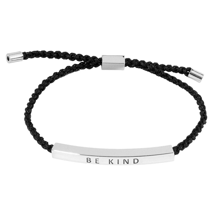 Rhodium-Gold-Dipped BE KIND Message Bar Pointed Rope Adjustable Cinch Pull Tie Bracelet is a stylish and meaningful accessory. The dipped message bar serves as a reminder to always spread kindness and the adjustable pointed rope design allows for a perfect fit. Made with quality materials for lasting wear. 
