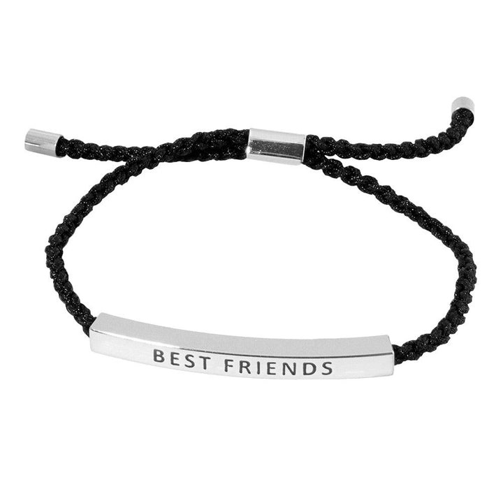 Rhodium-Gold-Dipped BEST FRIENDS Message Bar Pointed Rope Adjustable Cinch Pull Tie Bracelet is the perfect way to show your friendship. With its adjustable cinch pull tie design, this bracelet will fit comfortably on any wrist. The dipped message bar adds a unique touch, making it a must-have accessory. 