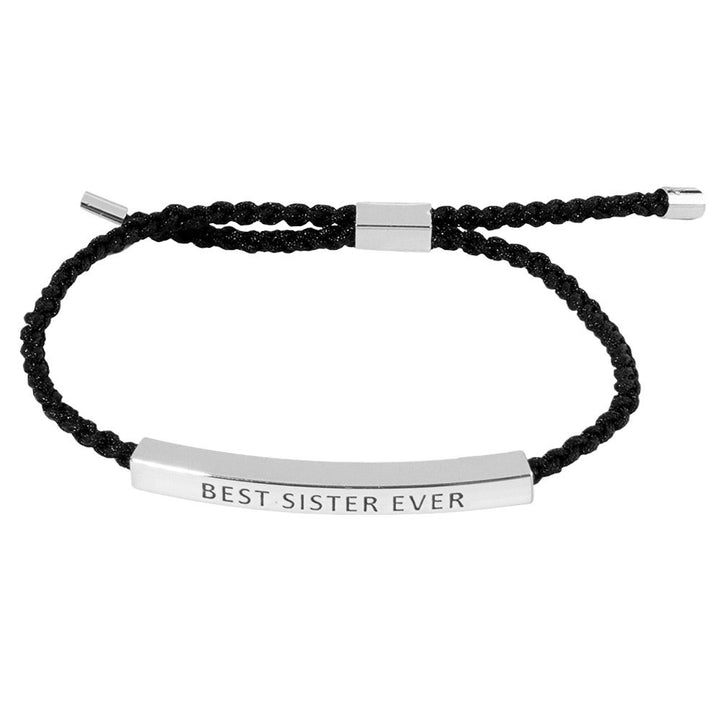 Rhodium-Gold- Dipped BEST SISTER Message Bar Pointed Rope Adjustable Cinch Pull Tie Bracelet is a thoughtful and stylish gift for your beloved sister. The adjustable cinch pull tie design ensures a perfect fit, while the dipped bar showcases the loving message. A perfect blend of fashion and sentimentality. 