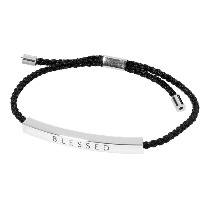 Rhodium-Gold-Dipped BLESSED Bar Pointed Rope Bracelet is a beautiful addition to any outfit. The adjustable cinch pull tie design ensures a perfect fit, while the BLESSED message bar adds a meaningful touch. Made with quality craftsmanship and materials, this bracelet is the perfect way to elevate your style. 