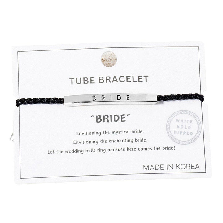  Rhodium-Gold-Dipped BRIDE Message Bar Pointed Rope Adjustable Cinch Pull Tie Bracelet is perfect for the bride-to-be. Its adjustable cinch pull tie design allows for a customizable fit. With a delicate and sleek design, this bracelet will add just the right touch of elegance to any bridal ensemble. 
