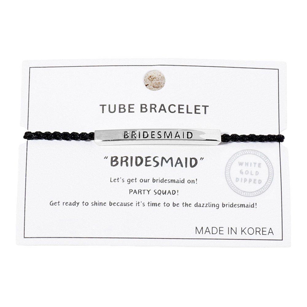 Rhodium-Gold-Dipped BRIDESMAID Message Bar Pointed Rope Adjustable Cinch Pull Tie Bracelet, the perfect accessory for your wedding party. Featuring an adjustable cinch pull tie, it ensures a comfortable and secure fit for any wrist size. The dipped BRIDESMAID message bar adds a special touch to thank your loved ones.