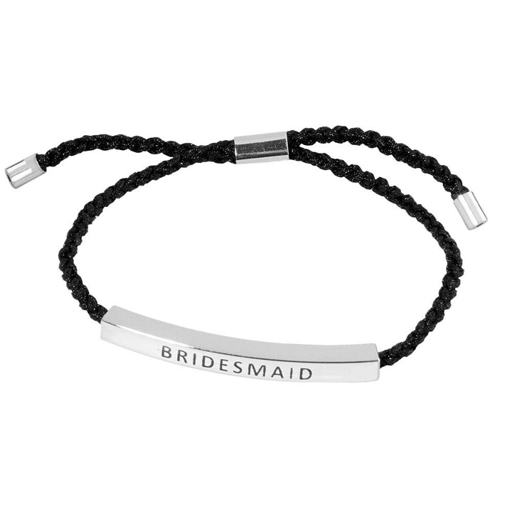 Rhodium-Gold-Dipped BRIDESMAID Message Bar Pointed Rope Adjustable Cinch Pull Tie Bracelet, the perfect accessory for your wedding party. Featuring an adjustable cinch pull tie, it ensures a comfortable and secure fit for any wrist size. The dipped BRIDESMAID message bar adds a special touch to thank your loved ones.