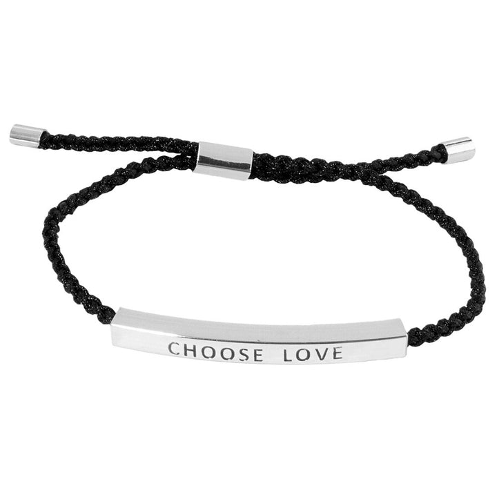 Rhodium-Gold-Dipped Bar Pointed Rope Cinch Pull Tie Bracelet is a versatile and stylish addition to any outfit. The adjustable cinch pull tie allows for a customizable fit, while the white gold dipped CHOOSE LOVE message adds a positive and meaningful touch. Perfect for expressing your personal style and spreading love.