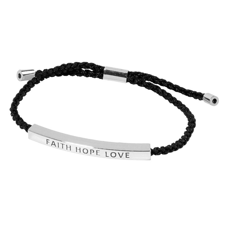 Rhodium-Gold-Dipped FAITH HOPE LOVE Message Bar Pointed Rope Adjustable Cinch Pull Tie Bracelet, Perfect accessory for anyone who values faith, hope, and love. With an adjustable cinch pull tie and a delicate rope design, this bracelet adds a touch of elegance to any outfit.