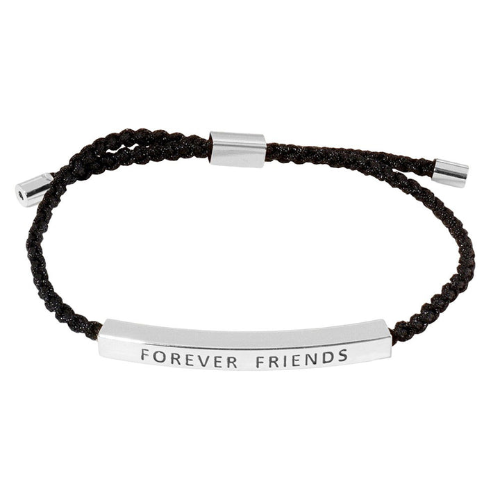 Rhodium-Gold-Dipped FOREVER FRIENDS Message Bar Pointed Rope Adjustable Cinch Pull Tie Bracelet, made with a delicate gold and white design, this bracelet features an adjustable cinch pull tie for a perfect fit. The message bar adds a heartfelt touch, making it a forever reminder of your friendship.