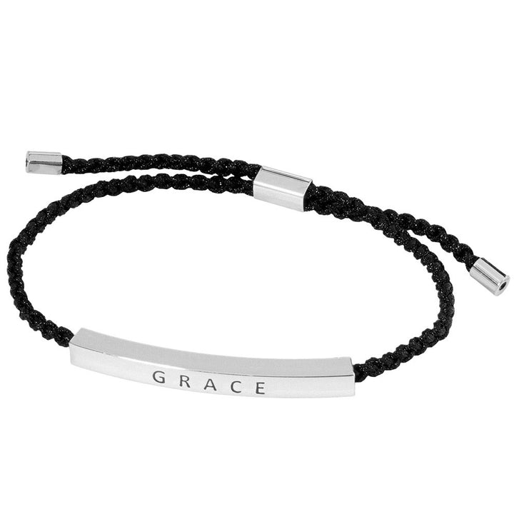 Rhodium-White Gold Dipped GRACE Message Bar Pointed Rope Adjustable Cinch Pull Tie Bracelet,  Perfect accessory to elevate any outfit. Its adjustable cinch pull tie allows for a comfortable and secure fit, while the message bar adds a touch of inspiration. Made with high-quality materials and expert craftsmanship, this bracelet is a must-have for any fashion-forward individual.