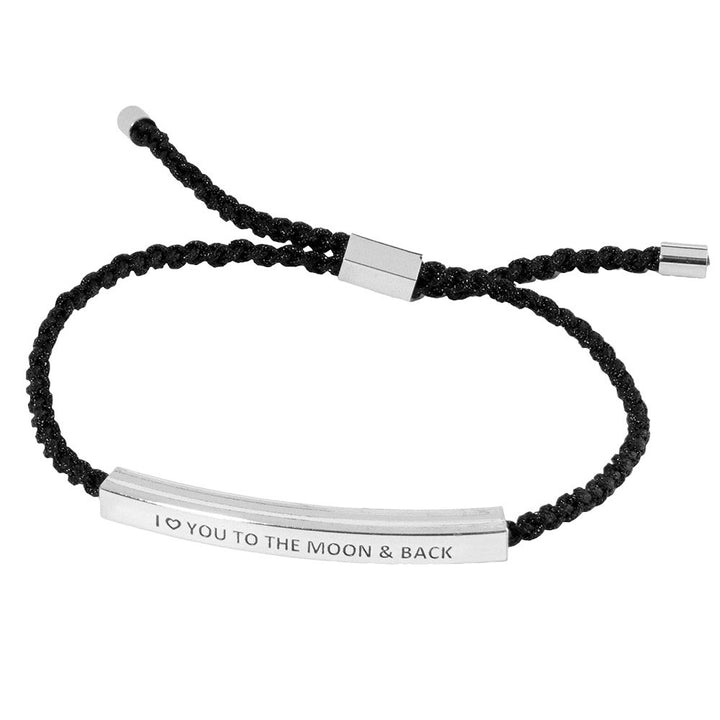 Rhodium-Gold-Dipped I LOVE TO THE MOON BACK Message Bar Pointed Rope Adjustable Cinch Pull Tie Bracelet features a pointed rope design and "I LOVE TO THE MOON BACK" bar message for a sentimental touch. With a cinch pull tie, it offers effortless wear and the perfect fit. Show your love with this unique and elegant piece 