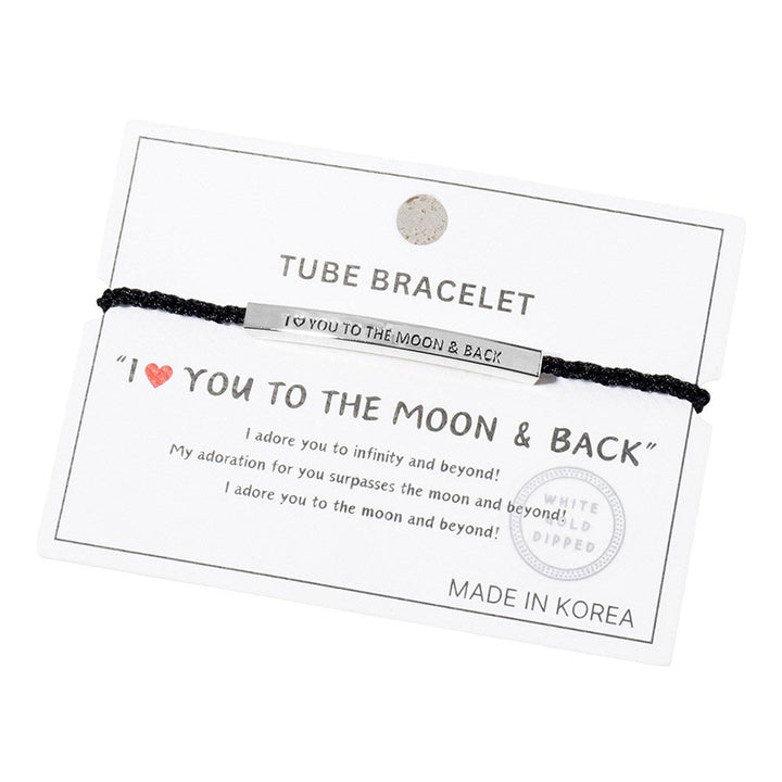 Rhodium-Gold-Dipped I LOVE TO THE MOON BACK Message Bar Pointed Rope Adjustable Cinch Pull Tie Bracelet features a pointed rope design and "I LOVE TO THE MOON BACK" bar message for a sentimental touch. With a cinch pull tie, it offers effortless wear and the perfect fit. Show your love with this unique and elegant piece