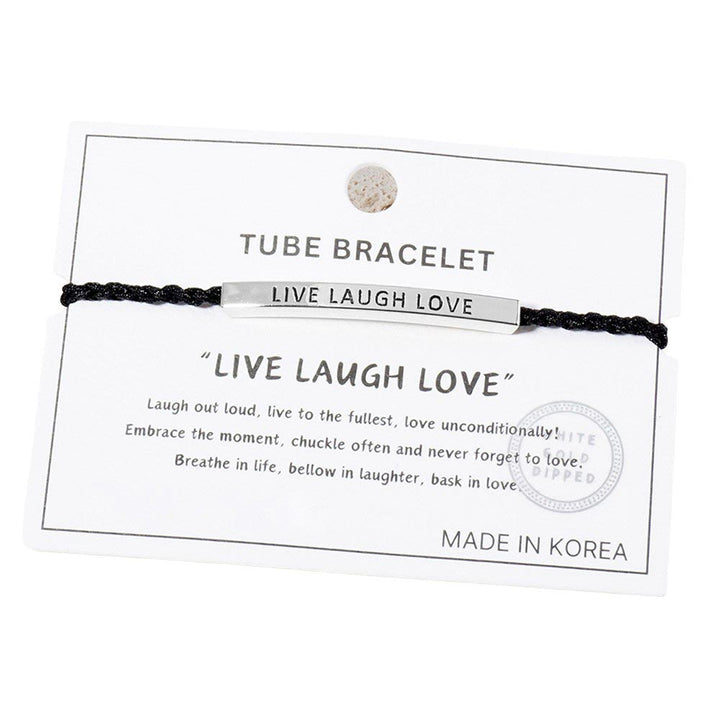 Rhodium-Gold-Dipped LIVE  LAUGH LOVE Message Bar Pointed Rope Adjustable Cinch Pull Tie Bracelet, adjustable design allows for a perfect fit while the message of positivity adds a touch of motivation to any outfit. Made from quality materials, this bracelet is a stylish reminder to live, laugh, and love.