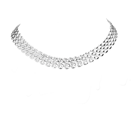 White Gold Dipped Metal Chain Collar Necklace - Rhodium
