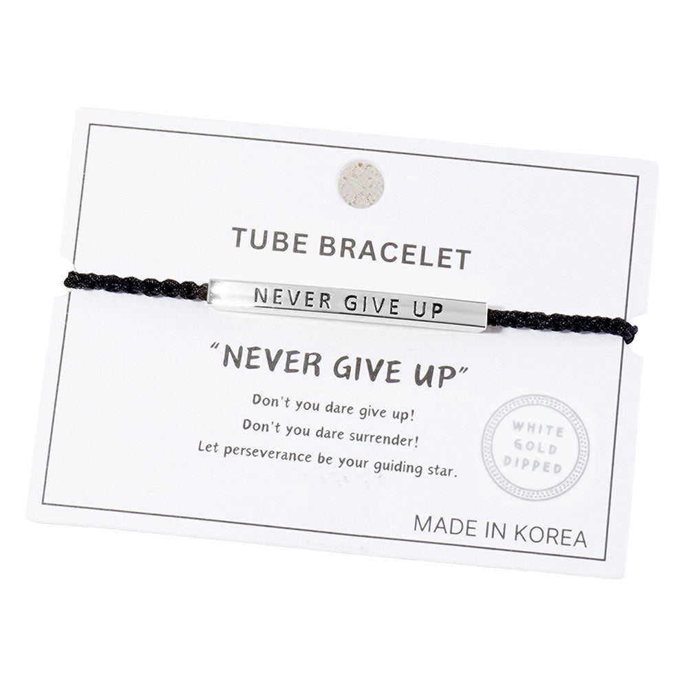 Rhodium-Gold-Dipped NEVER GIVE UP Message Bar Pointed Rope Adjustable Bracelet , This Bracelet  designed inspire you to never give up. With a motivational message inscribed on a sleek bar and a pointed rope design, this bracelet is a stylish reminder to persevere through any challenge.