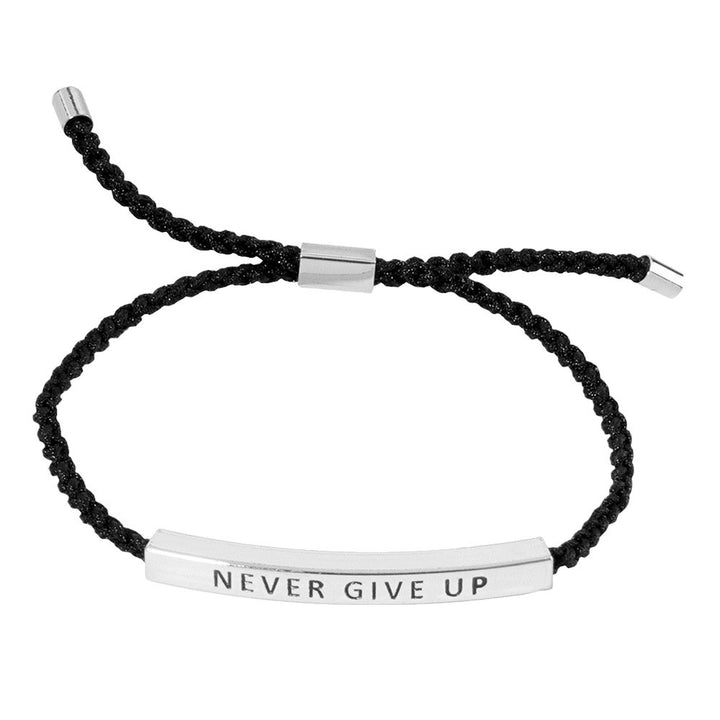 Rhodium-Gold-Dipped NEVER GIVE UP Message Bar Pointed Rope Adjustable Bracelet , This Bracelet  designed inspire you to never give up. With a motivational message inscribed on a sleek bar and a pointed rope design, this bracelet is a stylish reminder to persevere through any challenge. 